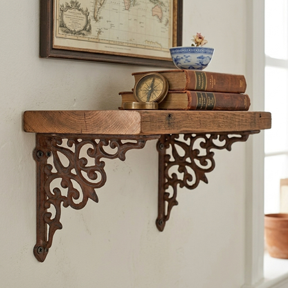 2 Cast Iron Fleur De Lis Vines Shelf Bracket Corner Brace Rustic Brown 5 1/2 in