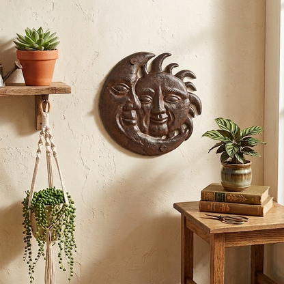Metal Cast Iron Sun & Moon Face Wall Decor Plaque Antique Brown Patina 7.5 inch