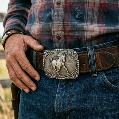 Unisex Western Horse Tooled Floral Belt Buckle Antique Silver Fits 1.5" Belts