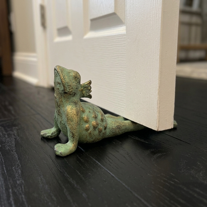 Verdigris Cast Iron Frog Prince Doorstop Yoga Pose Figurine Door Wedge Green