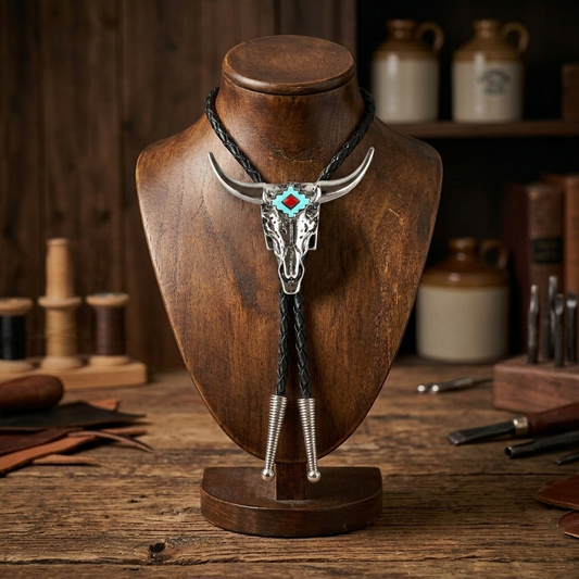 Silver Western Longhorn Skull Bolo Tie Turquoise Enamel 36 inch Cord Made in USA