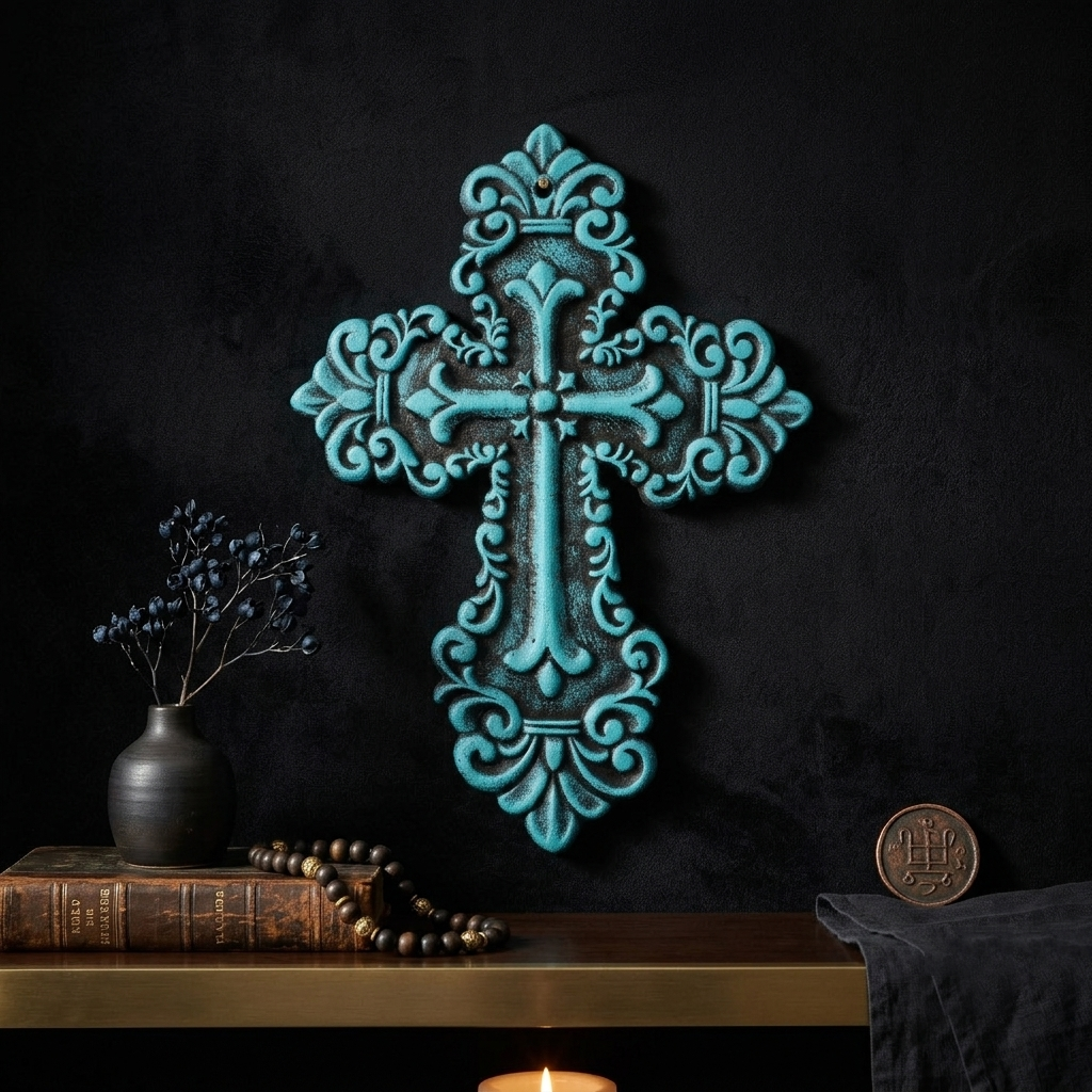 Rustic Turquoise Cast Iron Wall Cross Fleur De Lis Layered Floral Design 11 inch