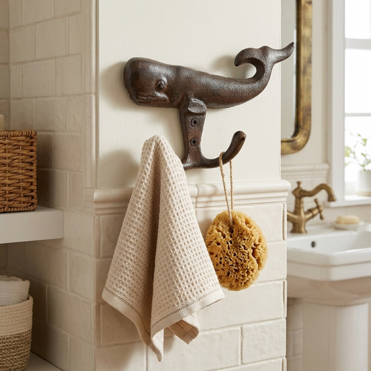 Cast Iron Sperm Whale Double Wall Hook Nautical Key Towel Coat Hanger Brown
