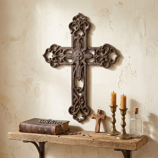 Fleur De Lis Decorative Wall Cross Layered Style Scrolls Rustic Cast Iron 11x8"