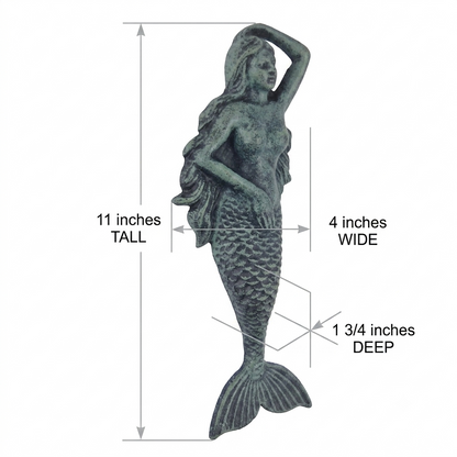 Cast Iron Mermaid Figure Wall Decor Nautical Bathroom Beach Antique Green 11 in