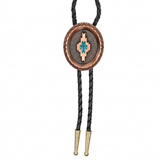 Vintage Copper Oval Aztec Bolo Tie Turquoise Enamel 36 inch Black Braided Cord