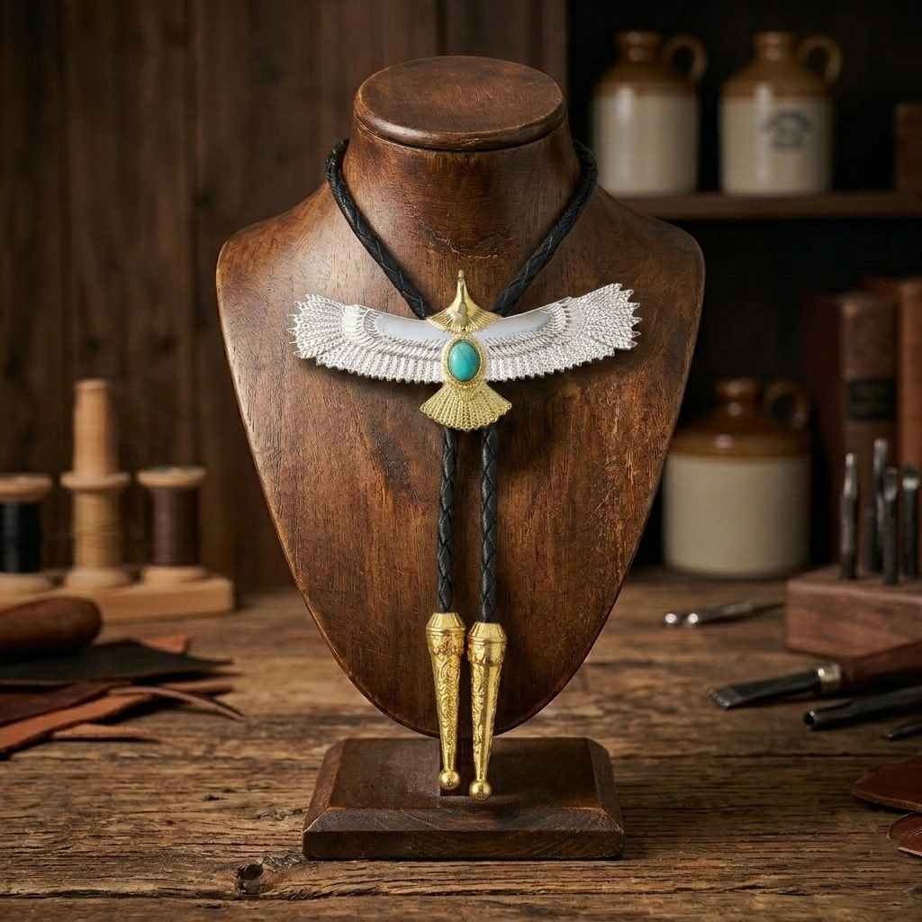 Silver & Gold American Eagle Western Bolo Tie Turquoise Stone 40 inch Black Cord