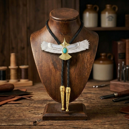 Silver & Gold American Eagle Western Bolo Tie Turquoise Stone 40 inch Black Cord