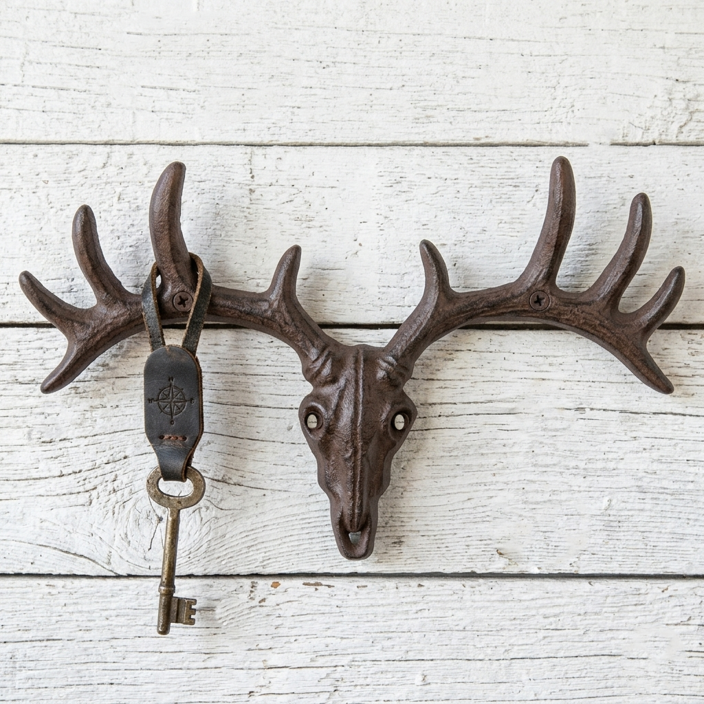 Deer Skull Antler Key Rack Cast Iron Hook Coat Towel Hanger Wall Mounted