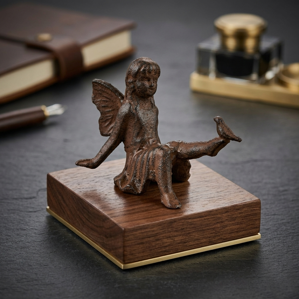 Fairy Figurine with Bird Sitting Angel Cherub Garden Statue Rustic Cast Iron