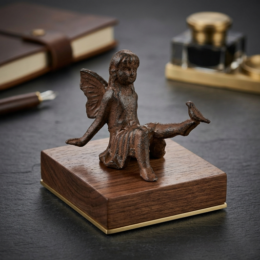 Fairy Figurine with Bird Sitting Angel Cherub Garden Statue Rustic Cast Iron