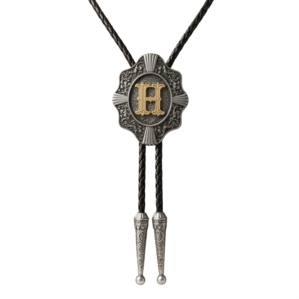 Initial Letter "H" Bolo Tie Western 38" Genuine Leather Cord Detailed Tips