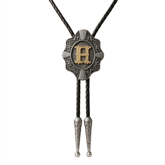 Initial Letter "H" Bolo Tie Western 38" Genuine Leather Cord Detailed Tips