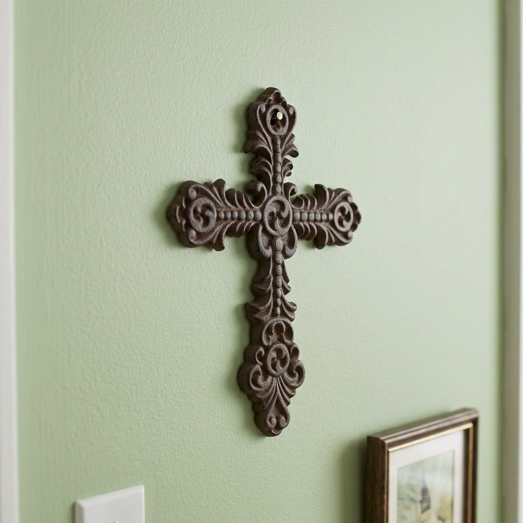 Small Cast Iron Wall Cross Floral Fleur De Lis Accents Antique Style 7 x 5 inch