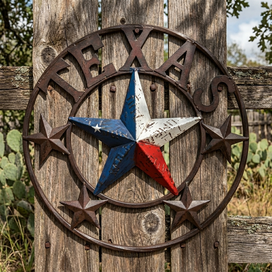 Metal Texas Flag Plate Barn Star Wall Decor Sign Rustic Red White Blue 16 inch