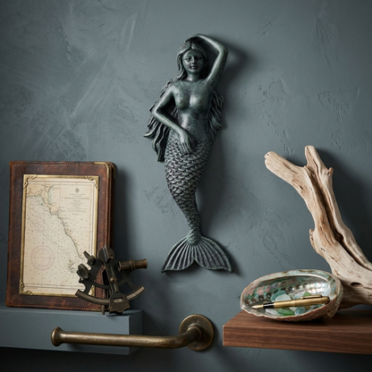 Cast Iron Mermaid Figure Wall Decor Nautical Bathroom Beach Antique Green 11 in