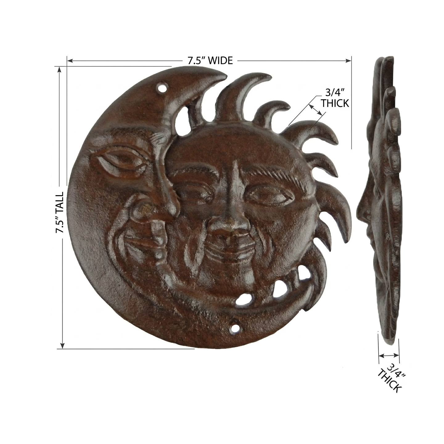 Metal Cast Iron Sun & Moon Face Wall Decor Plaque Antique Brown Patina 7.5 inch