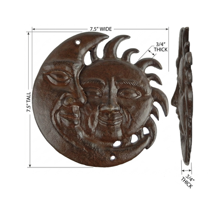 Metal Cast Iron Sun & Moon Face Wall Decor Plaque Antique Brown Patina 7.5 inch