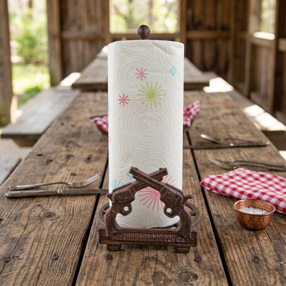 Western Crossed Pistols Stars Paper Towel Holder Cast Iron Rustic Brown Finish