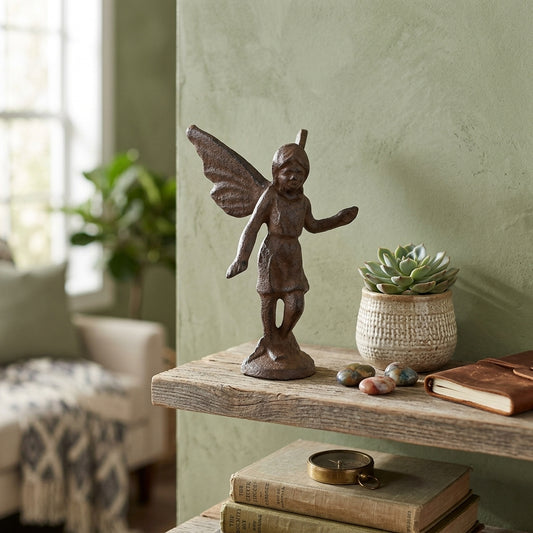 Cast Iron Playful Fairy Figurine Angel Cherub Garden Statue Rustic Antique Style