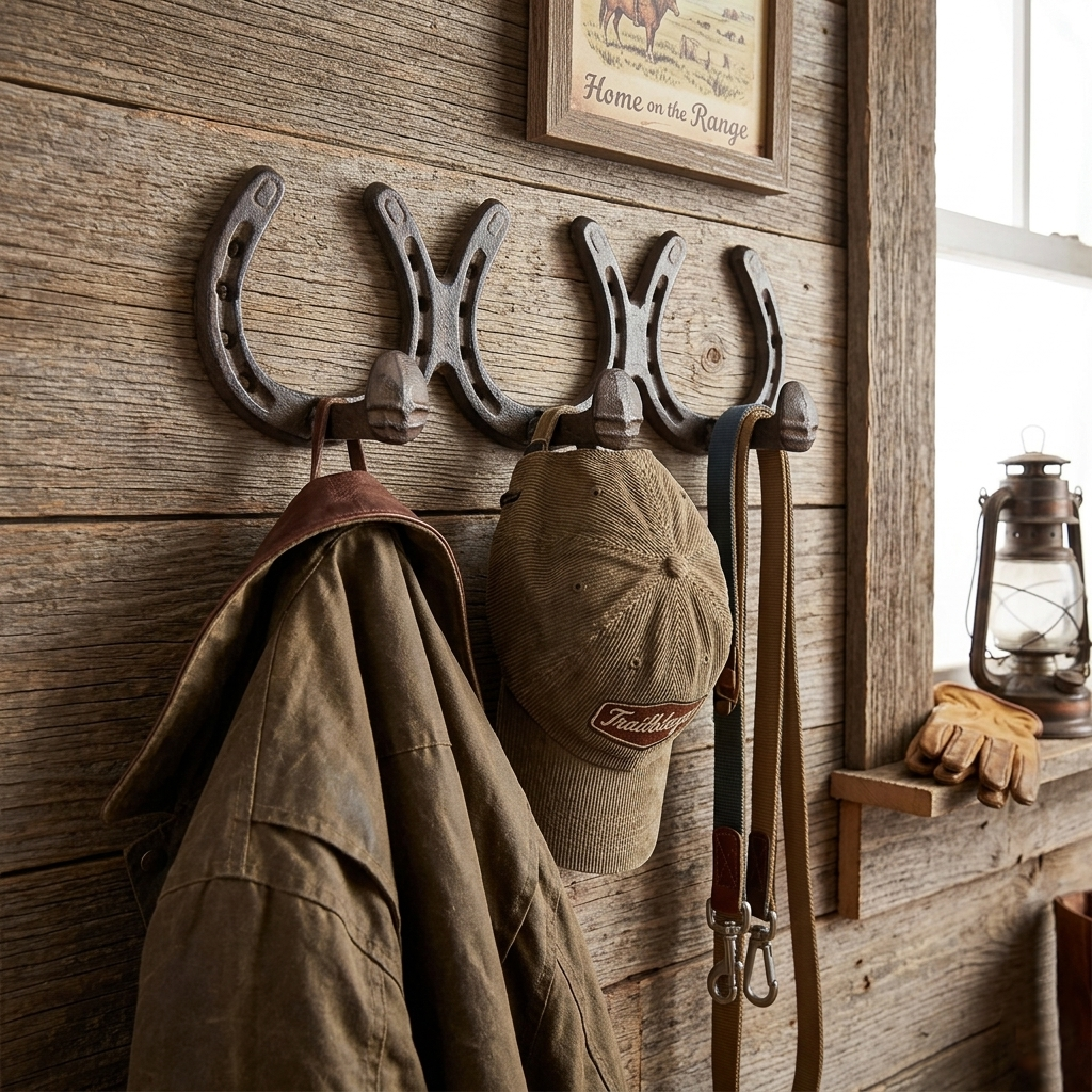 Cast Iron Triple Horseshoes Spikes Wall Hook Rack Coat Towel Cap Leash Hanger