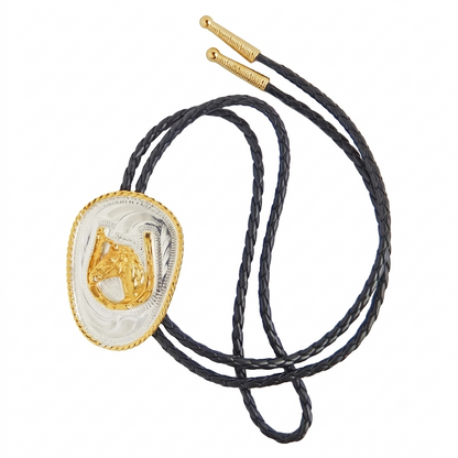 German Silver Western Horseshoe Horse Head Bolo Gold Tone 36 in Cord Made in USA