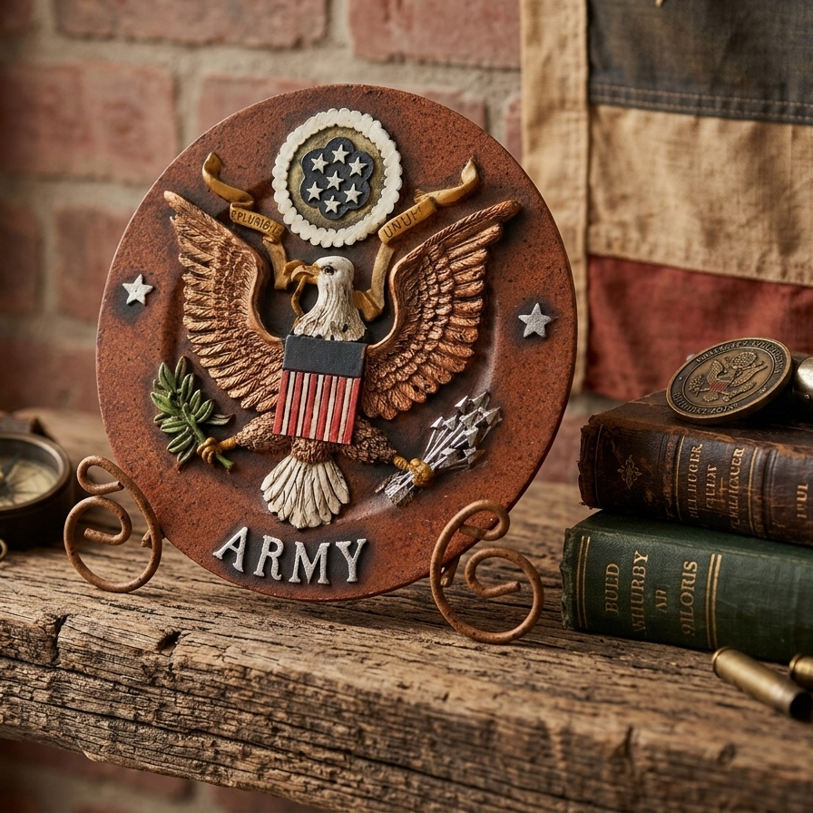 Army Decorative Plate Polyresin Metal Easel Military Decor Table Top Display