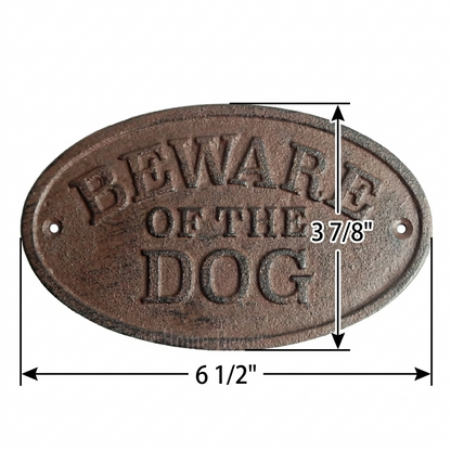 Beware of The Dog Fence Sign Cast Iron Oval Plaque Rustic Finish Heavy Duty 6.5"