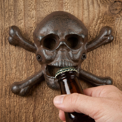Skull Crossbones Beer Bottle Opener Cast Iron Biker Rocker Decor Wall Mounted