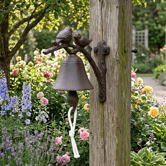 Birds On Tree Dinner Bell Cast Iron Wall Mounted Antique Style Rustic Finish