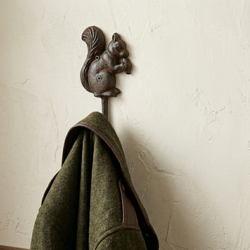Cast Iron Squirrel Key Hook Wall Mounted Coat Towel Hanger Rustic Brown Finish