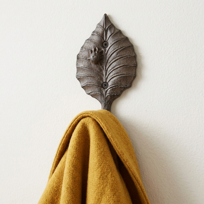 Cast Iron Leaf Wall Hook With Beetle Key Towel Coat Hanger Rustic Antique Brown