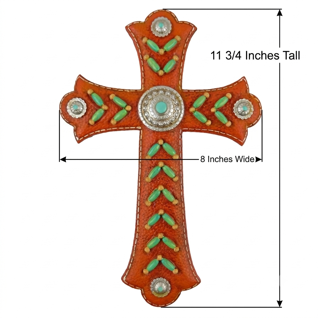 Southwestern Turquoise Beads Wall Cross Brown Leather Look Silver Conchos 11.75 inch
