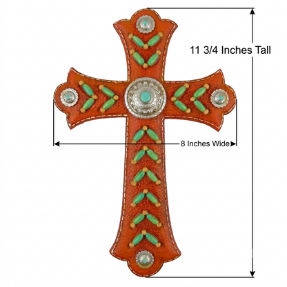 Southwestern Turquoise Beads Wall Cross Brown Leather Look Silver Conchos 11.75 inch