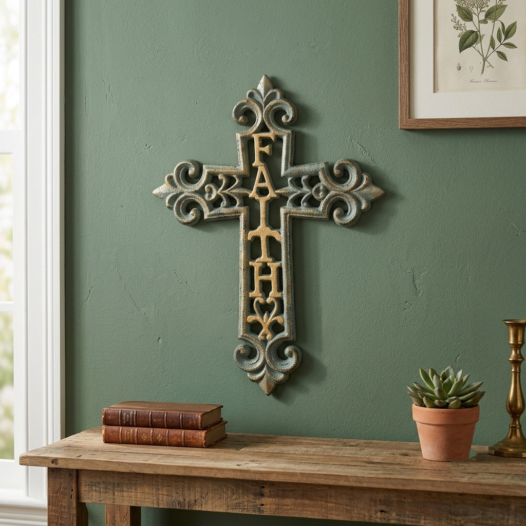 Cast Iron Faith Fleur De Lis Wall Cross Decor Verdigris Green & Gold 9.5 inch