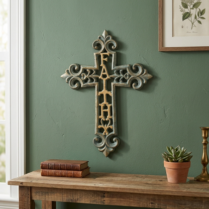 Cast Iron Faith Fleur De Lis Wall Cross Decor Verdigris Green & Gold 9.5 inch