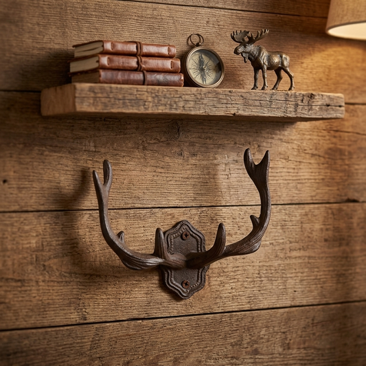 Large Cast Iron Deer Buck Antler Wall Hook Hat Coat Rack Cabin Lodge Decor Brown