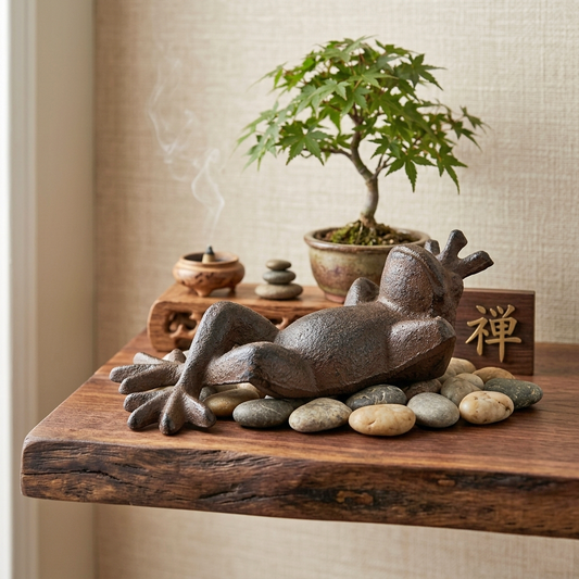 Relaxing Frog Prince Figurine Statue Cast Iron Rustic Brown Finish Garden Decor