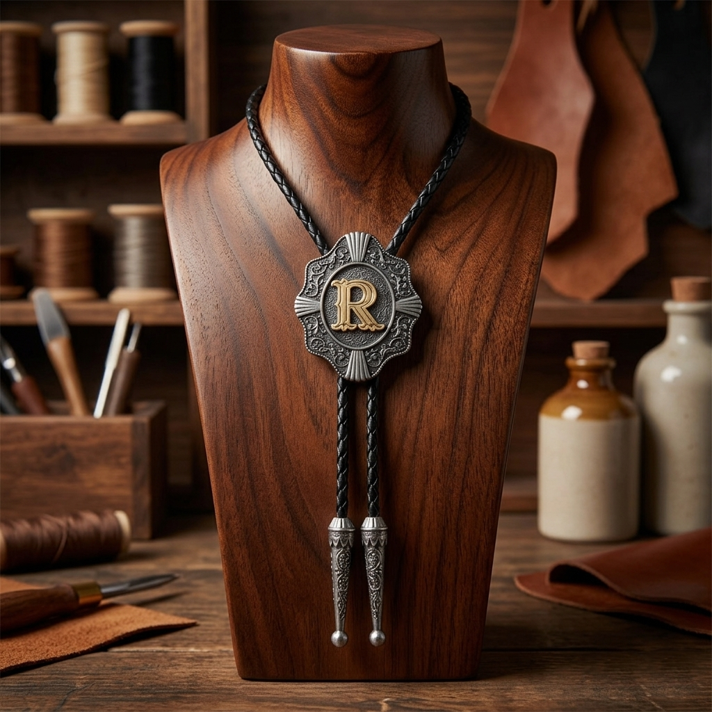 Initial Letter "R" Bolo Tie Western 38" Genuine Leather Cord Detailed Tips
