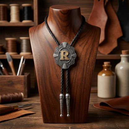 Initial Letter "R" Bolo Tie Western 38" Genuine Leather Cord Detailed Tips