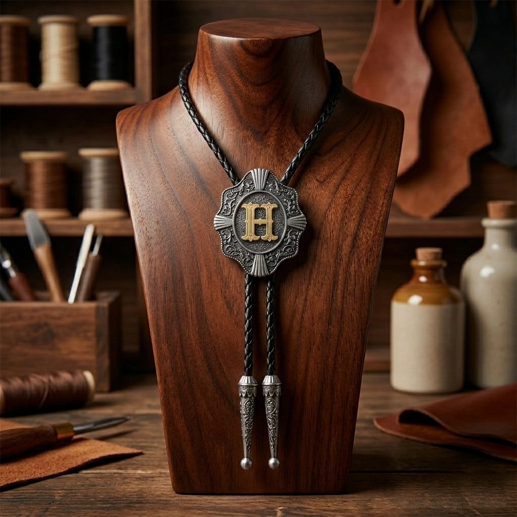 Initial Letter "H" Bolo Tie Western 38" Genuine Leather Cord Detailed Tips