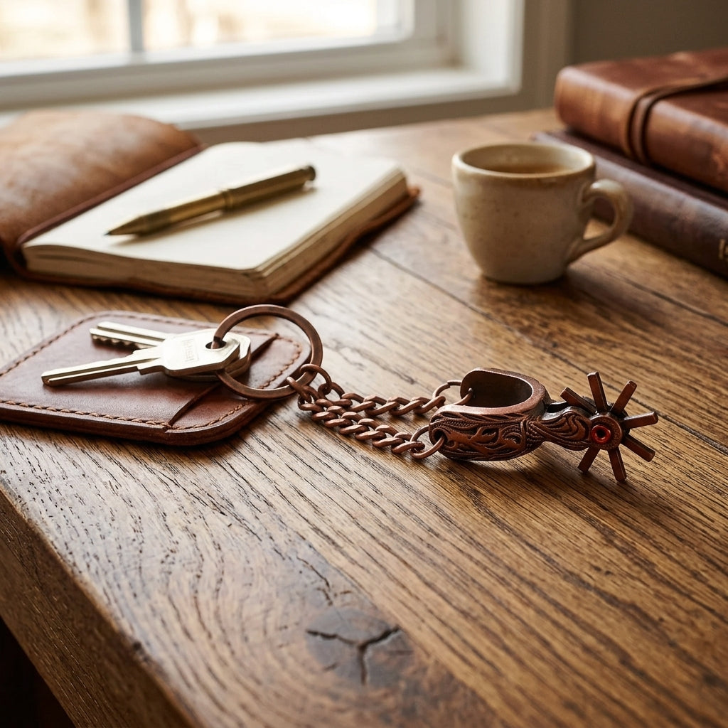Metal Western Cowboy Spur Keychain Keyring Antique Copper Finish 4 3/4 inch Long