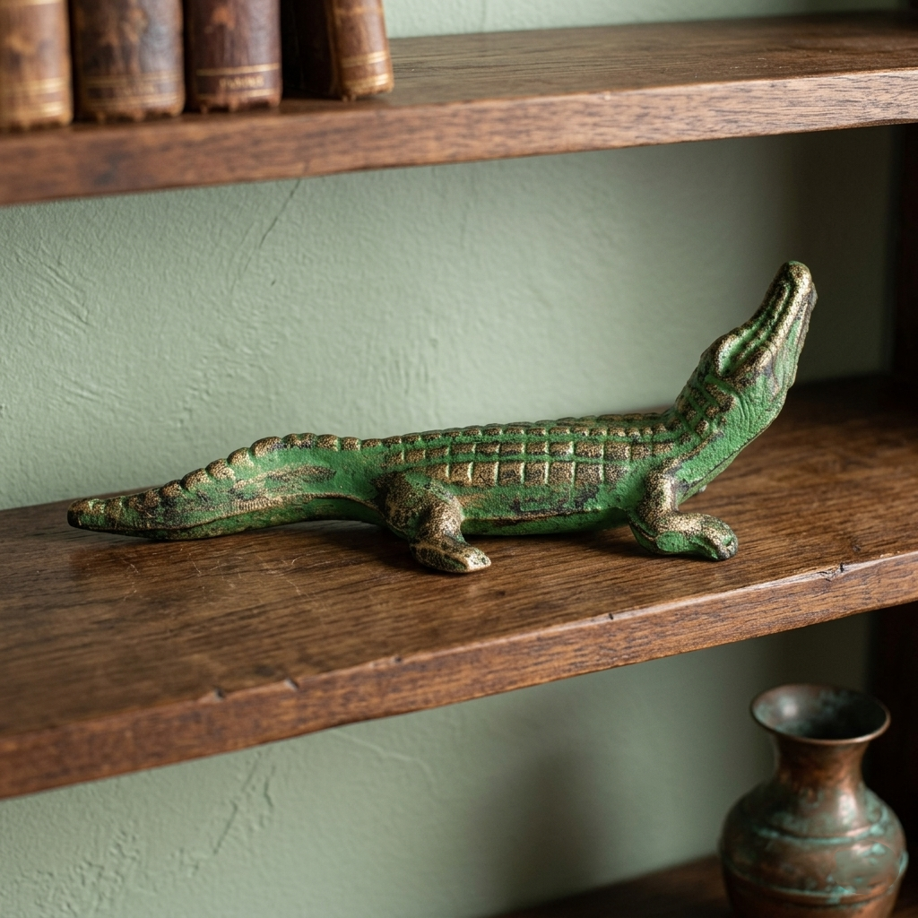 Cast Iron Alligator Figurine Statue Verdigris Green & Gold Pond Decor 7.5 inch