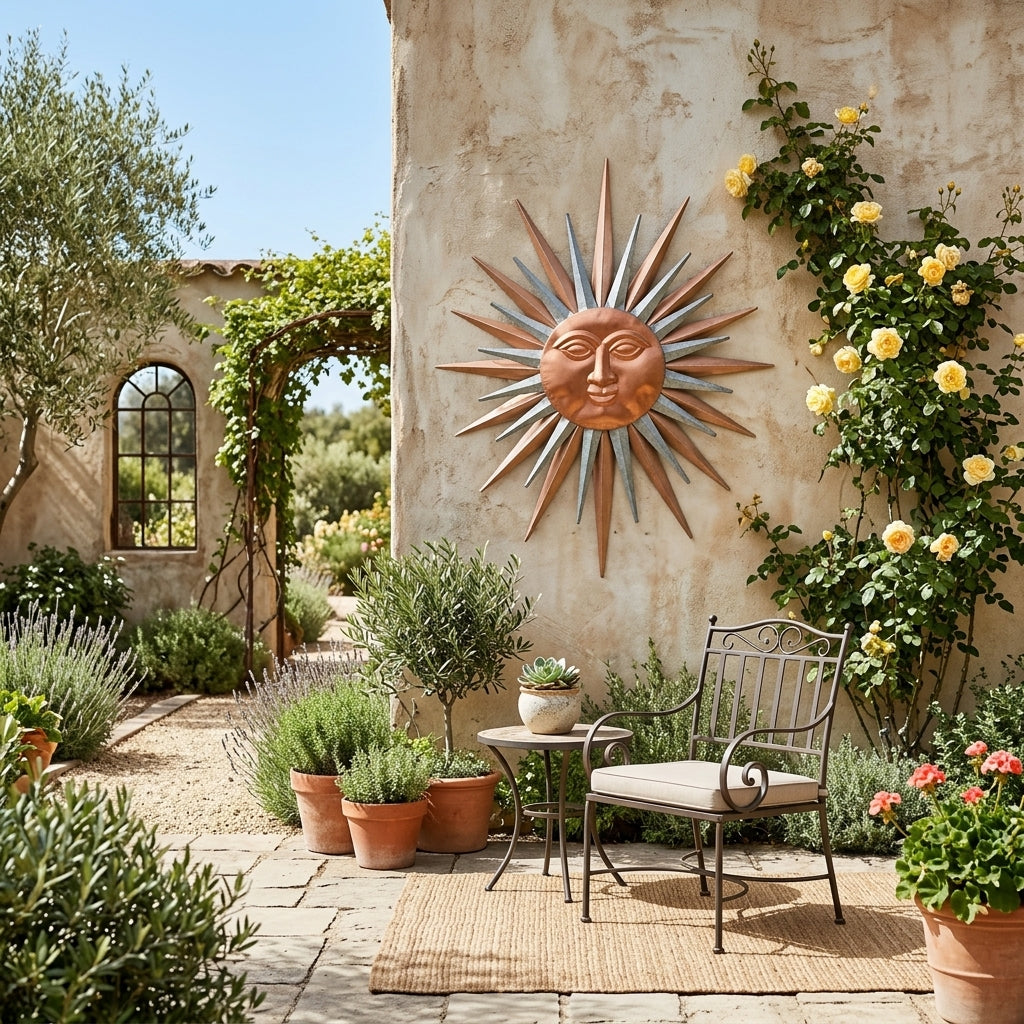 Large Garden Metal Sun Face Wall Decor Metallic Silver and Copper Rays 32" x 22"
