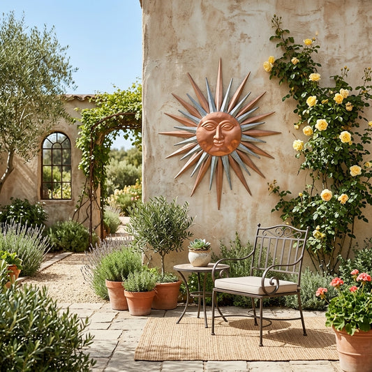 Large Garden Metal Sun Face Wall Decor Metallic Silver and Copper Rays 32" x 22"