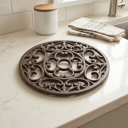 Cast Iron Trivet Fleur De Lis Scrolls Countertop Hot Pot Plate Holder 7.5 inch