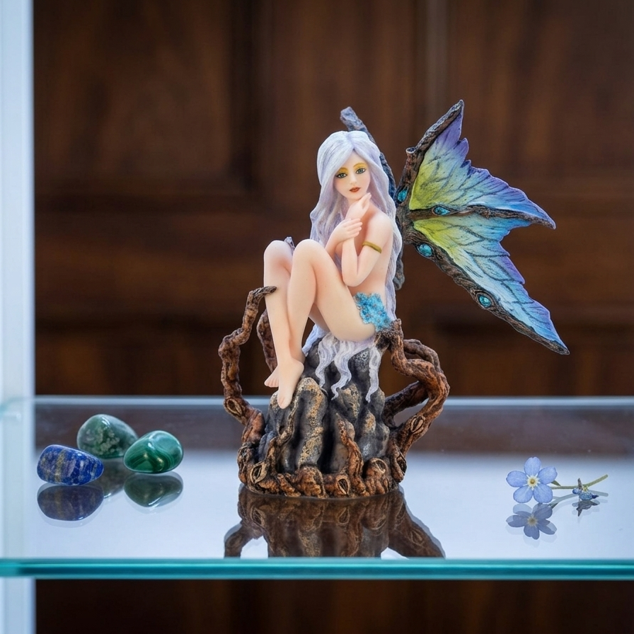 Winged Fairy On Tree Stump Figurine Statue Hand Painted Polyresin Fantasy Decor