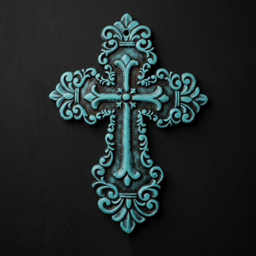 Rustic Turquoise Cast Iron Wall Cross Fleur De Lis Layered Floral Design 11 inch