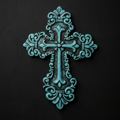 Rustic Turquoise Cast Iron Wall Cross Fleur De Lis Layered Floral Design 11 inch