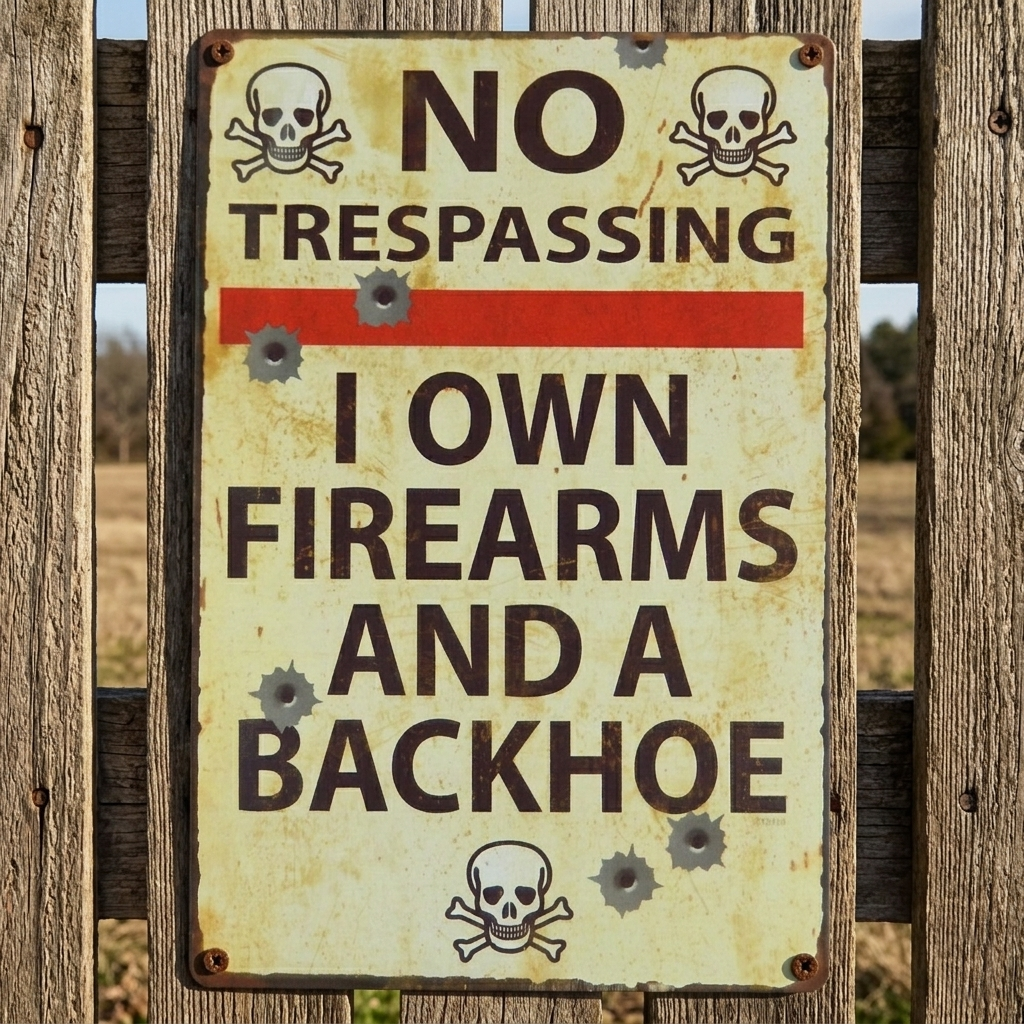 No Trespassing I Own Firearms And A Backhoe Rustic Metal Tin Sign 11 3/4 inch